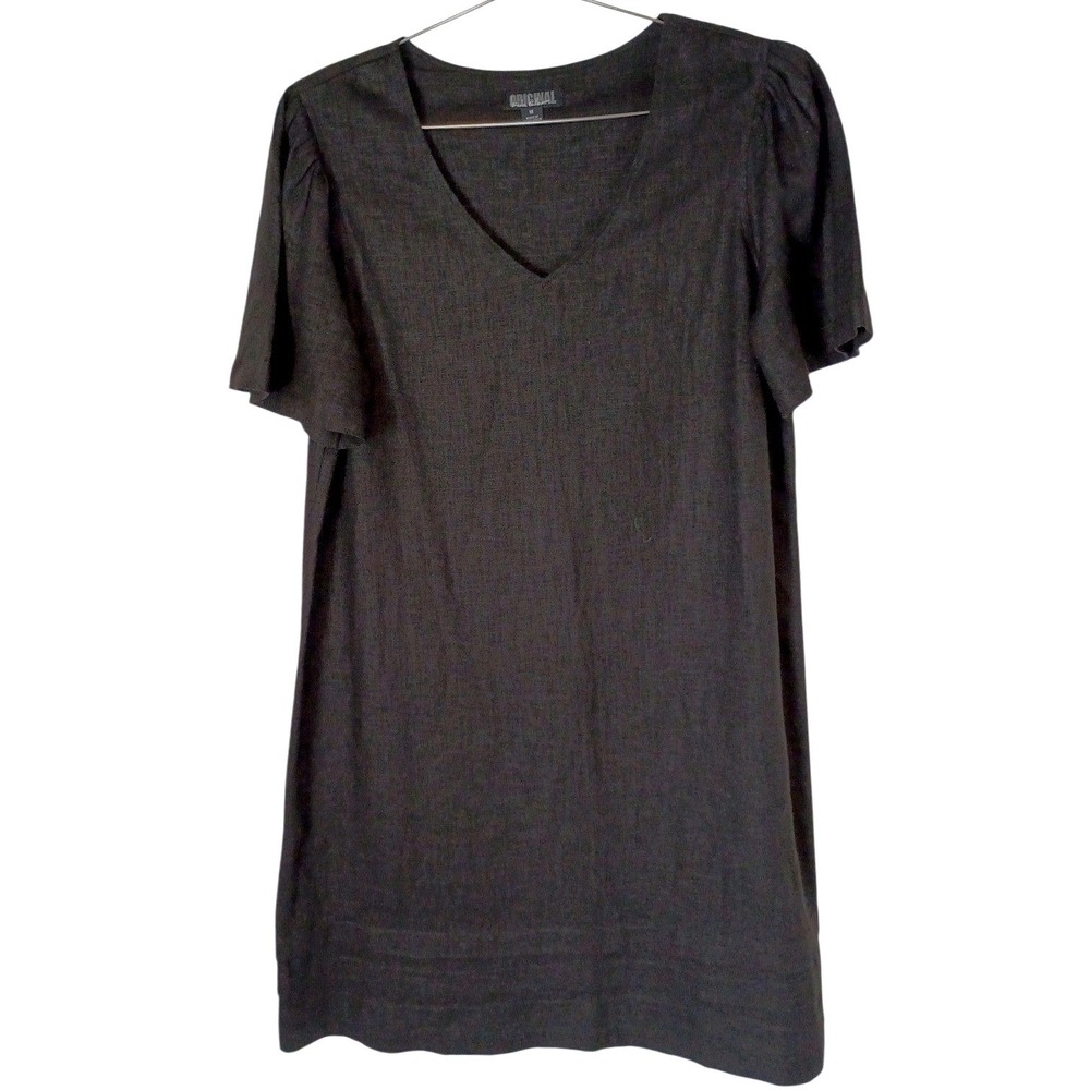 Nicole Miller Dress Womens M Black V-Neck Puff Sleeve Linen Cotton Knee Length